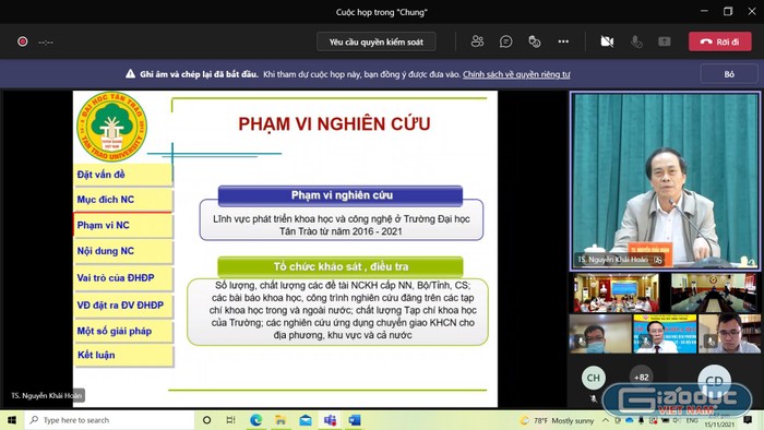 Tiến sĩ Nguyễn Khải Hoàn, Trường Đại học Tân Trào (Tuyên Quang) chia sẻ tại hội thảo. (Ảnh chụp màn hình)