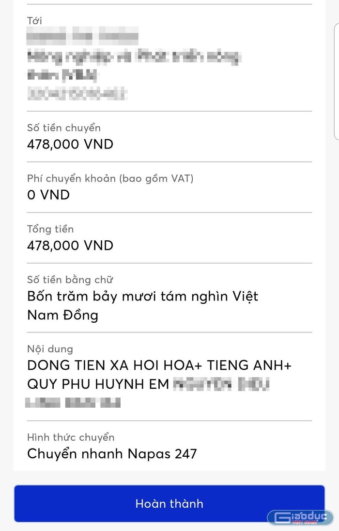 Phụ huynh chuyển khoản đóng tiền xã hội hóa 300 nghìn đồng với khoản thu quỹ phụ huynh, tiếng Anh cho giáo viên chủ nhiệm. (Ảnh: NVCC)