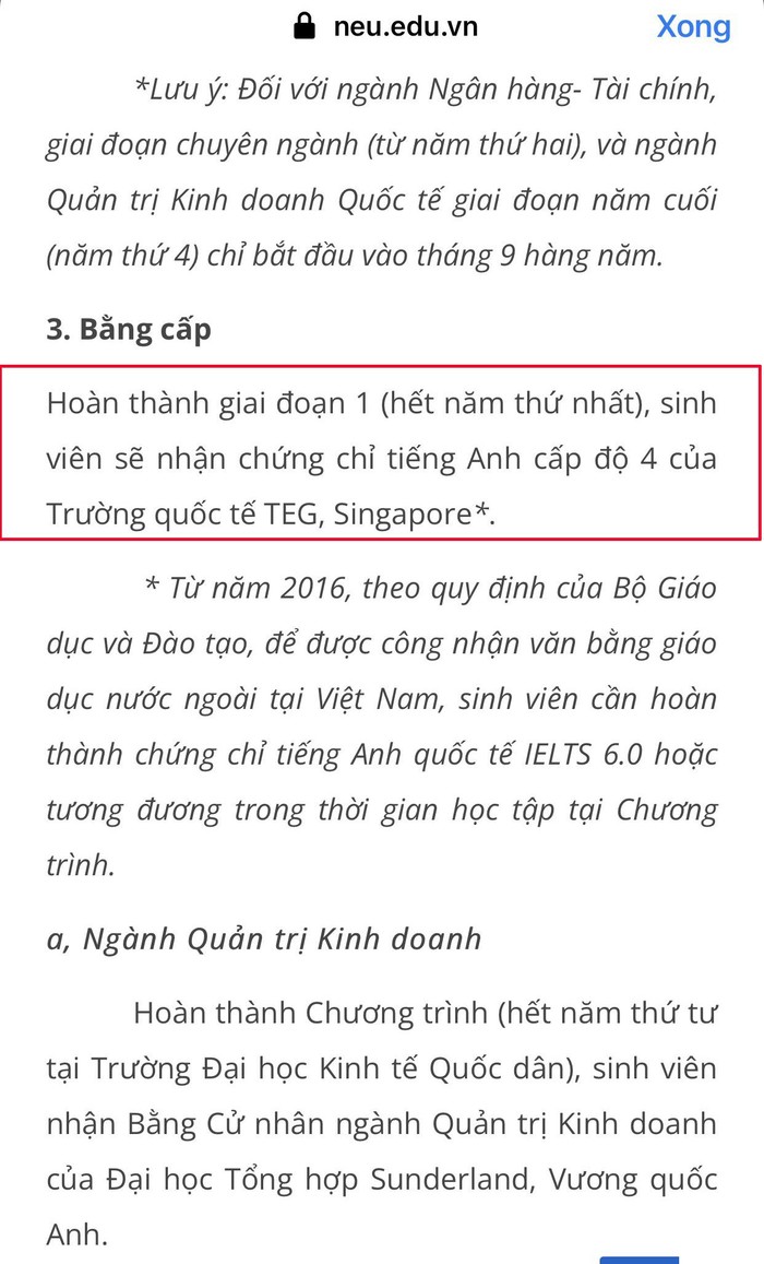 Theo thông báo tuyển sinh của nhà trường, các sinh viên học xong năm nhất sẽ được nhận chứng chỉ tiếng Anh cấp độ 4 của Trường quốc tế TEG, Singapore. Để hoàn thành chứng chỉ với 4 cấp độ này, sinh viên phải đóng học phí trên 50 triệu đồng (Ảnh: NVCC)