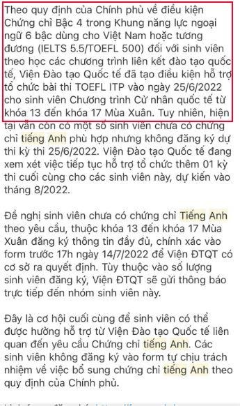 Thông báo của nhà trường gửi đến sinh viên về việc tổ chức thi chứng chỉ tiếng Anh vào tháng 5/2022.