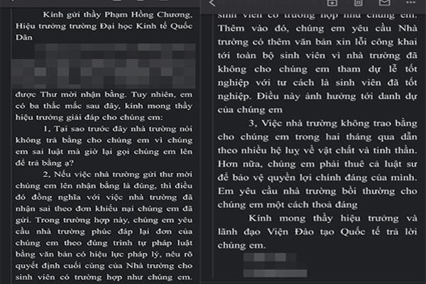 Hình ảnh nội dung câu hỏi được gửi đến PGS.TS Phạm Hồng Chương - Hiệu trưởng Trường Đại học Kinh tế Quốc dân. (Ảnh: NVCC)