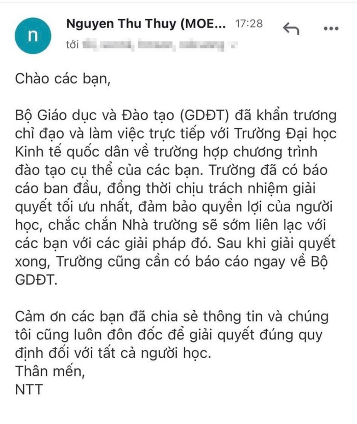 Nội dung mail trả lời của lãnh đạo Vụ Giáo dục Đại học gửi đến các cử nhân quốc tế bị giữ bằng tốt nghiệp. (Ảnh: NVCC)