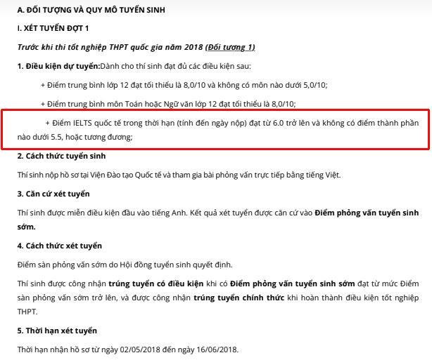 Đối với nhóm đối tượng tuyển sinh 1 và 2, nhà trường yêu cầu các thí sinh phải có IELTS 6.0. (Ảnh: cắt từ màn hình)