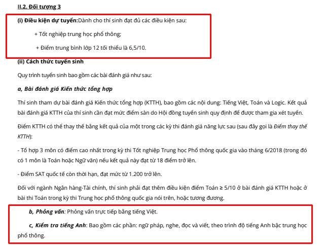 Trong khi đó đối với đối tượng nhóm 3, nhà trường lại không yêu cầu thí sinh phải có IELTS 6.0. (Ảnh: cắt từ màn hình)