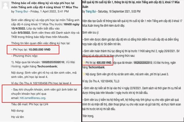 Nội dung thông báo về việc thi lại, học lại đối với sinh viên cử nhân quốc tế vào tháng 9/2021 và tháng 1/2022. (Ảnh: NVCC)