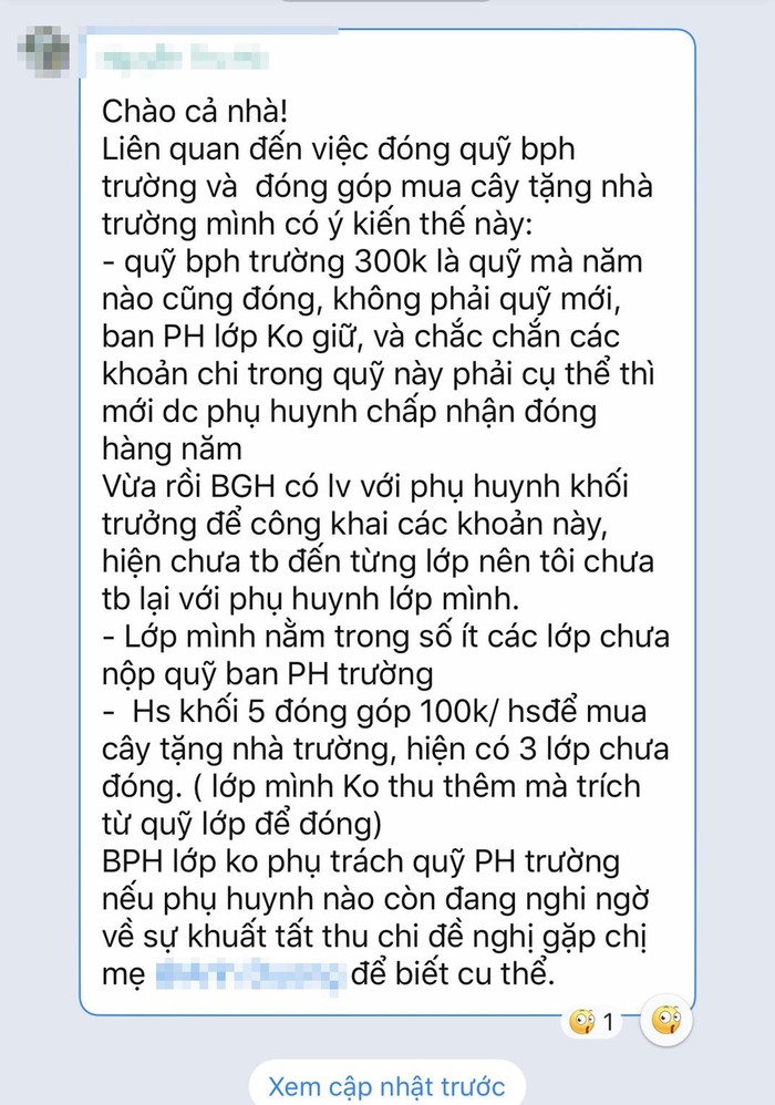 Thông báo từ đại diện Ban phụ huynh lớp. (Ảnh: NVCC)