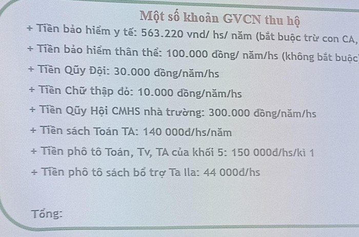 Các khoản thu dịch vụ của nhà trường đối với học sinh khối lớp 5 trong năm học 2022-2023. (Ảnh: Phụ huynh cung cấp)