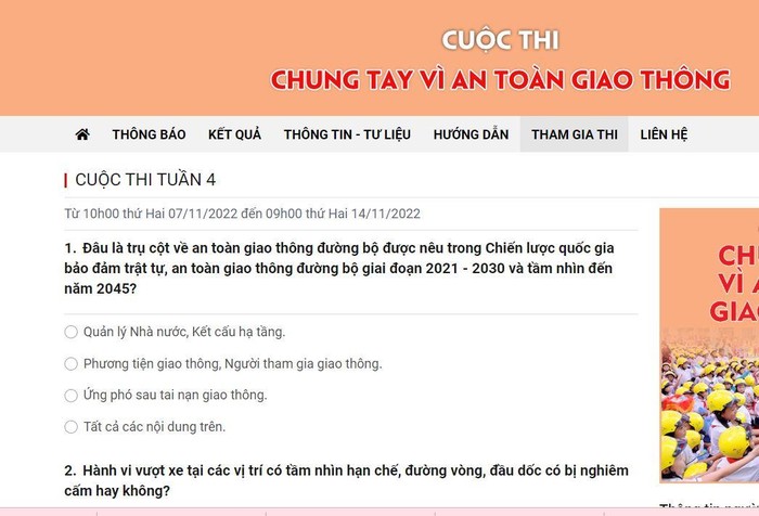 Một số câu hỏi tại cuộc thi &quot;Chung tay vì an tòan giao thông&quot; trong tuần 4 từ 7/11 đến 14/11. (Ảnh: cắt màn hình)