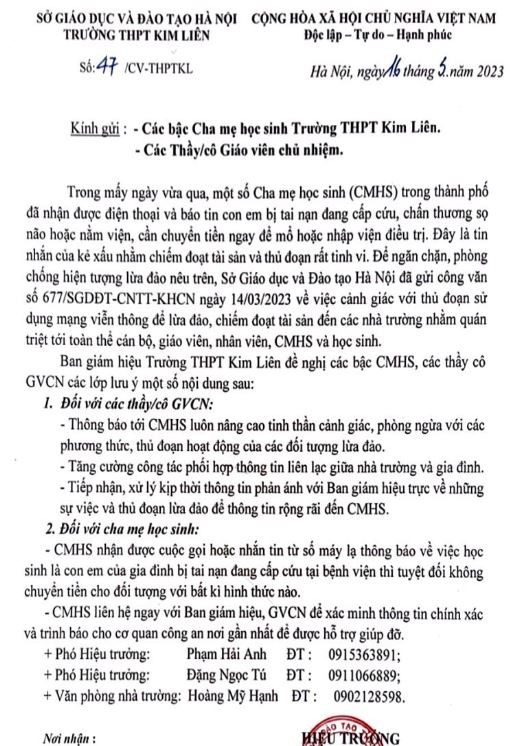 Thông báo trên trang web của nhà trường tới các bậc phụ huynh học sinh về thủ đoạn lừa đảo mới. (Ảnh: nhà trường)