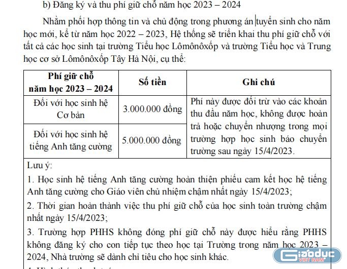 Nội dung thông báo của Tiểu học và Trung học cơ sở Lômônôxốp Tây Hà Nội. (Ảnh: PHCC)