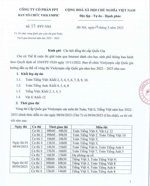Thông báo của Ban tổ chức Violympic về vòng thi Cấp Quốc gia Violympic môn Toán, Vật lí, Tiếng Việt năm học 2022-2023.