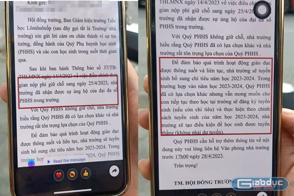 Phụ huynh không đồng tình với nội dung nhà trường cho rằng việc thu &quot;phí giữ chỗ&quot; được đại đa số phụ huynh ủng hộ, bên cạnh đó là việc đối với phụ huynh không đóng khoản phí trên sẽ phải đóng mức học phí như học sinh mới được tuyển vào trường. (Ảnh: NVCC)