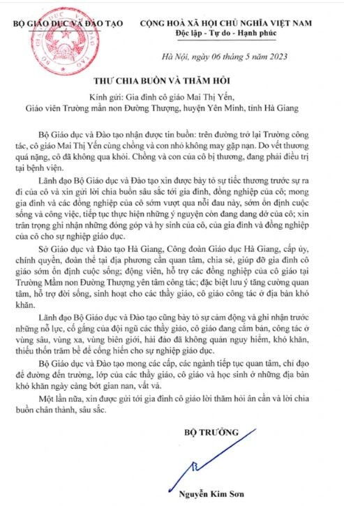 Thư chia buồn và thăm hỏi của Bộ trưởng đến gia đình nữ giáo viên gặp nạn. (Ảnh: chụp màn hình)