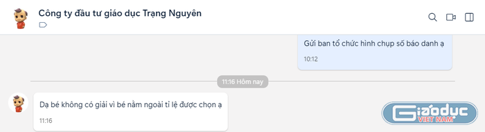 Giáo viên đã phản ánh về kết quả của em Nguyễn Vương Thiên Q. đạt 300 điểm nhưng bị đánh trượt tới Ban tổ chức cuộc thi. Tuy nhiên, anh nhận được câu trả lời là: "Bé không có giải vì nằm ngoài tỉ lệ được chọn". (Ảnh: NVCC)