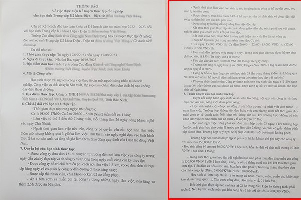 Thông báo của Trường Cao đẳng kinh tế và công nghệ Nam Định về vệc về việc thực hiện Kế hoạch thực tập tốt nghiệp cho học sinh trung cấp K2 khoa Điện - Điện tử điểm trường Việt Hùng. (Ảnh: Độc giả cung cấp)