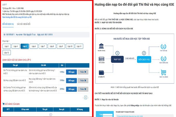 Để tham gia các gói học của IOE, người dùng phải nạp tiền quy đổi sang số GO để mua các gói dịch vụ. (Ảnh: cắt màn hình)
