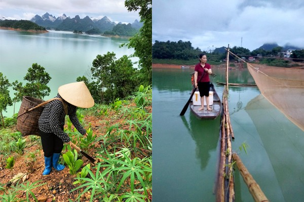 Cô Hương chèo thuyền ra chỗ đặt vó để kiếm cá. Lúc rảnh rỗi, cô lại lên đồi chăm sóc vườn cây keo, sắn. (Ảnh: NVCC)