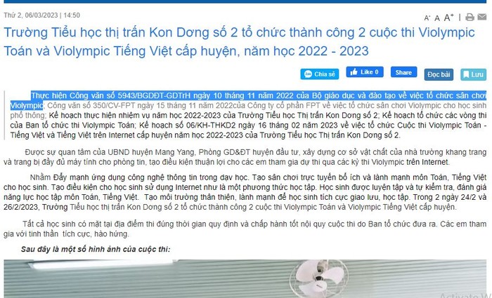 Trường Tiểu học thị trấn Kon Dương (Mang Yang, Gia Lai) thông tin về kết quả tổ chức sân chơi Violympic Toán và Olympic Tiếng Việt cấp huyện dẫn căn cứ có nhắc đến Công văn của Bộ Giáo dục và Đào tạo. (Ảnh: website nhà trường)