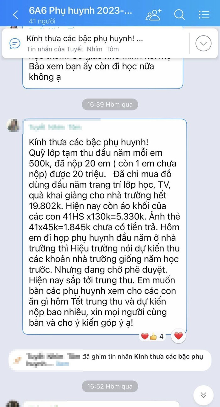 Nội dung hình ảnh đăng tải về việc lớp đã chi 20 triệu đồng cho việc mua sắm cơ sở vật chất, quà khai giảng. (Ảnh: TT)