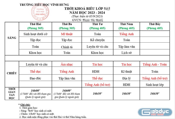 Năm học 2023-2024, một lớp 5 tại Trường Tiểu học Vĩnh Hưng sẽ có 2 tiết tiếng Anh bổ trợ vào chiều thứ Năm và chiều thứ Bảy và một tiết tiếng Anh - Toán được tổ chức vào đầu giờ chiều thứ Bảy. (Ảnh: PHCC)