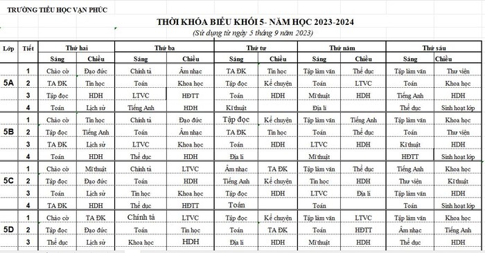 Thời khóa biểu của khối lớp 5 trường Tiểu học Vạn Phúc (Thanh Trì)