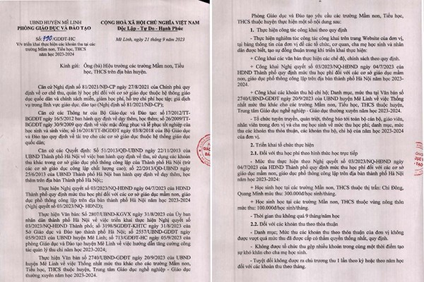 Văn bản chỉ đạo của Phòng Giáo dục và Đào tạo Mê Linh về các khoản thu tại các trường Mầm non, Tiểu học, Trung học cơ sở năm học 2023-2024 được trường Tiểu học Quang Minh đăng công khai trên trang web của nhà trường. (Ảnh: NVCC)