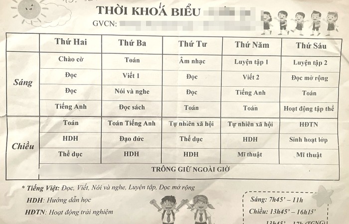 Thời khoá biểu đầu tháng 10 của một lớp 2. (Ảnh: PHCC)