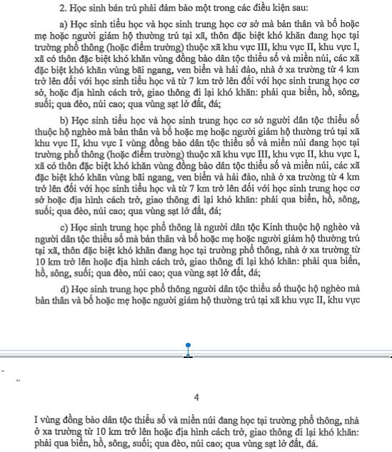 Theo nội dung Dự thảo, học sinh Tiểu học, Trung học cơ sở tại thôn đặc biệt khó khăn đáp ứng tiêu chuẩn về khoảng cách giao thông đi lại khó khăn sẽ được hưởng chế độ bán trú. (Ảnh: cắt màn hình)