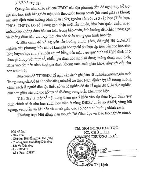 Nội dung góp ý của Hội đồng dân tộc về việc hỗ trợ gạo. (Ảnh: cắt màn hình)