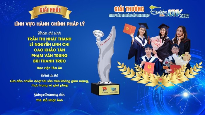 Đề tài nghiên cứu khoa học &quot;Lừa đảo chiếm đoạt tài sản trên không gian mạng, thực trạng và giải pháp&quot; của Trần Thị Nhật Thanh cùng 4 người bạn đã đạt giải Nhất giải thưởng sinh viên nghiên cứu khoa học Euréka năm 2023.