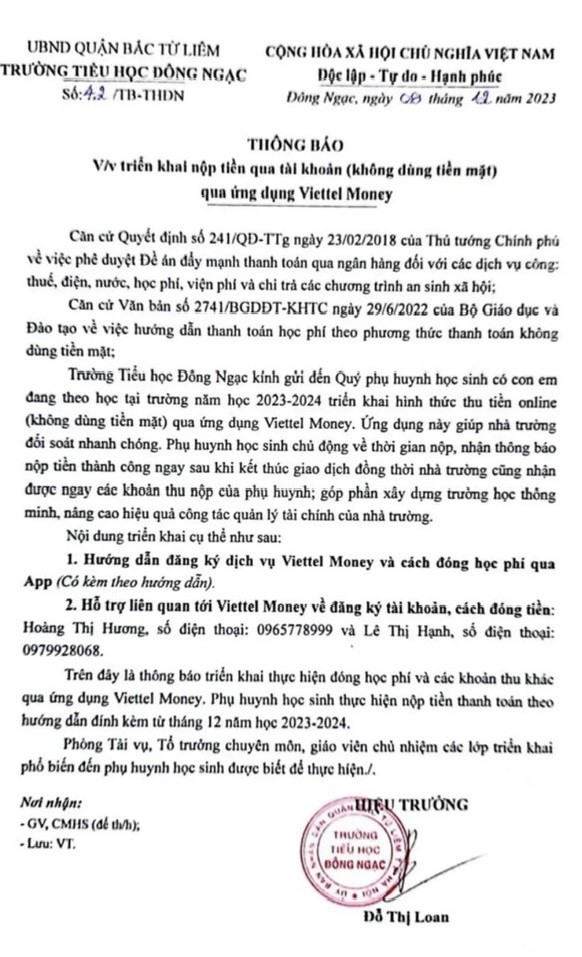 Nội dung văn bản do Hiệu trưởng nhà trường ký ban hành về việc thu học phí qua app Viettel Money. (Ảnh: PHCC)