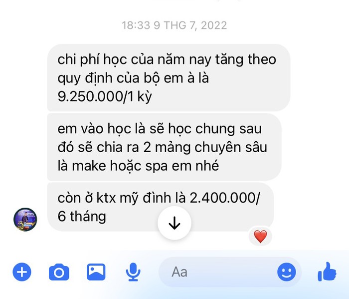 Đoạn tin nhắn của thầy Huy Cường tư vấn thông tin về việc đào tạo và chi phí ở Ký túc xá Mỹ Đình. (Ảnh: NVCC)