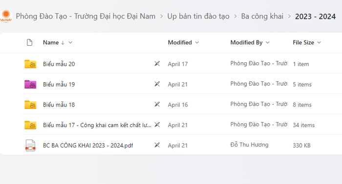 Tại báo cáo ba công khai năm học 2023-2024, nhà trường không có biểu mẫu 21 thông tin về hoạt động tài chính. (ảnh chụp màn hình)