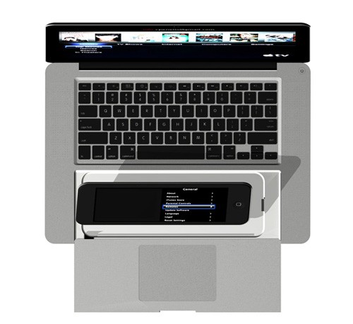 Tuy nhiên, nhà thiết kế Enrico Penello còn muốn nhiều hơn thế khi giới thiệu MacBook Pro với thiết bị điều khiển iRemote, nằm phía dưới chỗ đặt cổ tay và touchpad cảm ứng. Bằng sóng Wi-Fi hay Bluetooth, bạn toàn quyền chỉ huy máy tính trong lúc nghe nhạc, xem phim... rất linh hoạt.