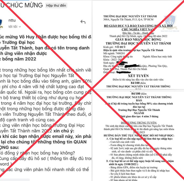 Phía Trường Đại học Nguyễn Tất Thành cho biết những thông báo trúng tuyển như thế này là giả mạo (ảnh chụp màn hình)