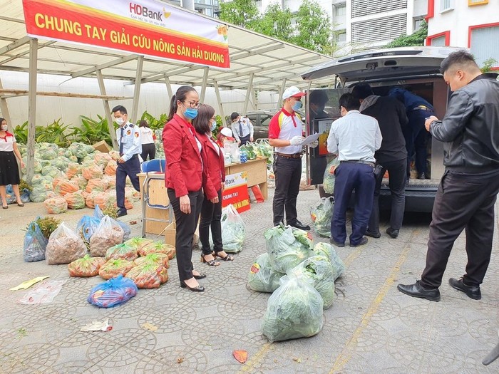 HDBank thực hiện những “chuyến xe yêu thương”, thu mua nông sản góp phần chia sẻ kho khăn nhanh chóng, kịp thời với bà con nông dân tỉnh Hải Dương. (ảnh HDBank)
