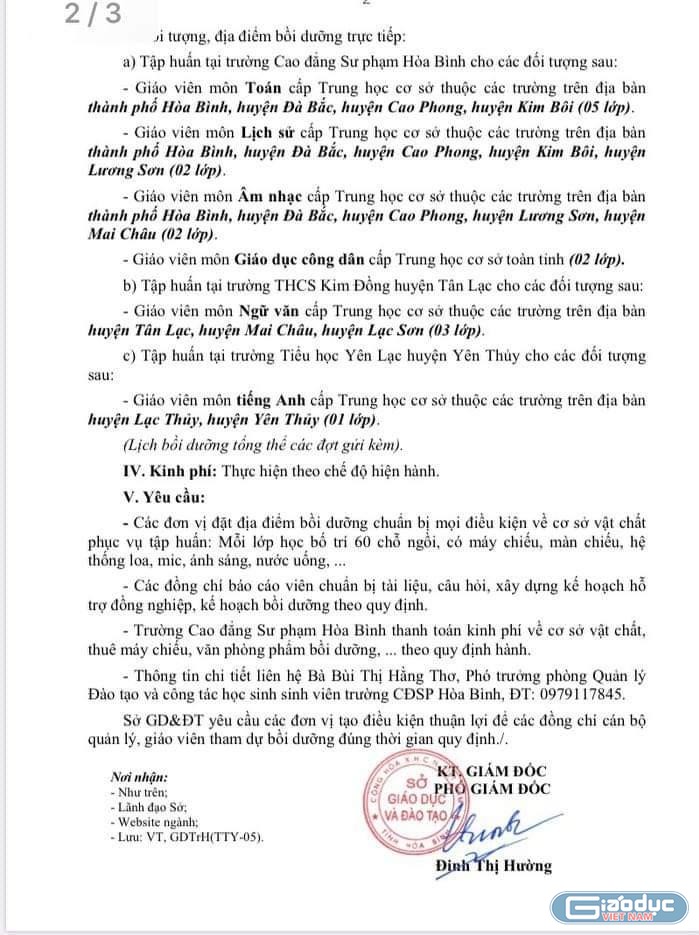 Công văn của Sở Giáo dục và Đào tạo tỉnh Hòa Bình về thực hiện chương trình bồi dưỡng thường xuyên. (Ảnh: NVCC)