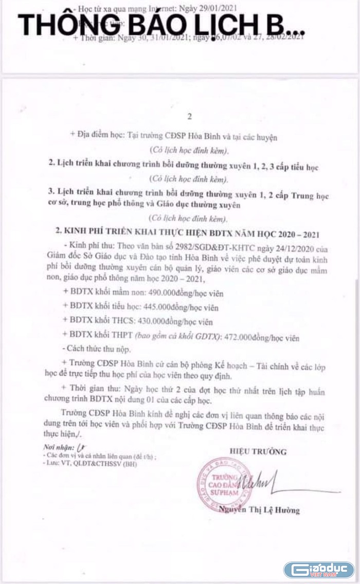 Thông báo của Trường Cao đẳng Sư phạm Hòa Bình với giáo viên về việc thu kinh phí triển khai thực hiện bồi dưỡng thường xuyên năm học 2020 - 2021. (Ảnh: NVCC)