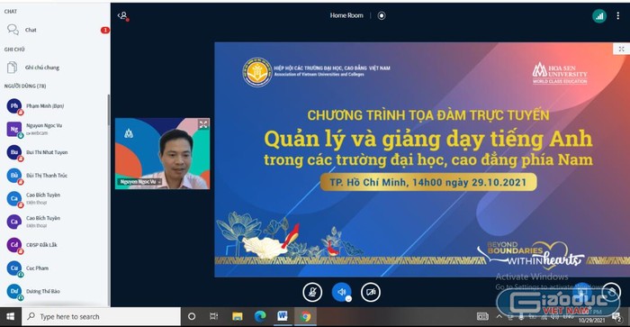 Chương trình tọa đàm trực tuyến về &quot;Quản lý và dạy học tiếng Anh trong các trường đại học, cao đẳng phía Nam&quot;. (Ảnh: Phạm Minh)