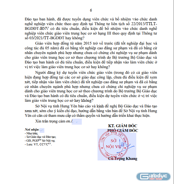 Công văn 789/SNV- CCVC Sở Nội vụ Hưng Yên gửi đến Bộ Giáo dục và Đào tạo về những vướng mắc trong xét tuyển đặc cách giáo viên. (Ảnh: NVCC)