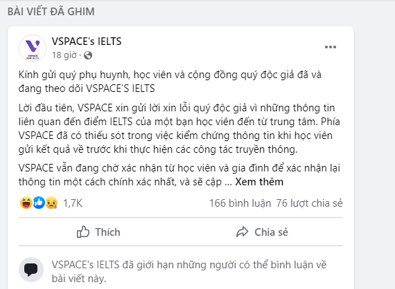 Fanpage của trung tâm VSPACE đã đăng tải thông tin, gửi lời xin lỗi đến độc giả vì những thông tin liên quan đến điểm Ielts của học viên H.T.T.H