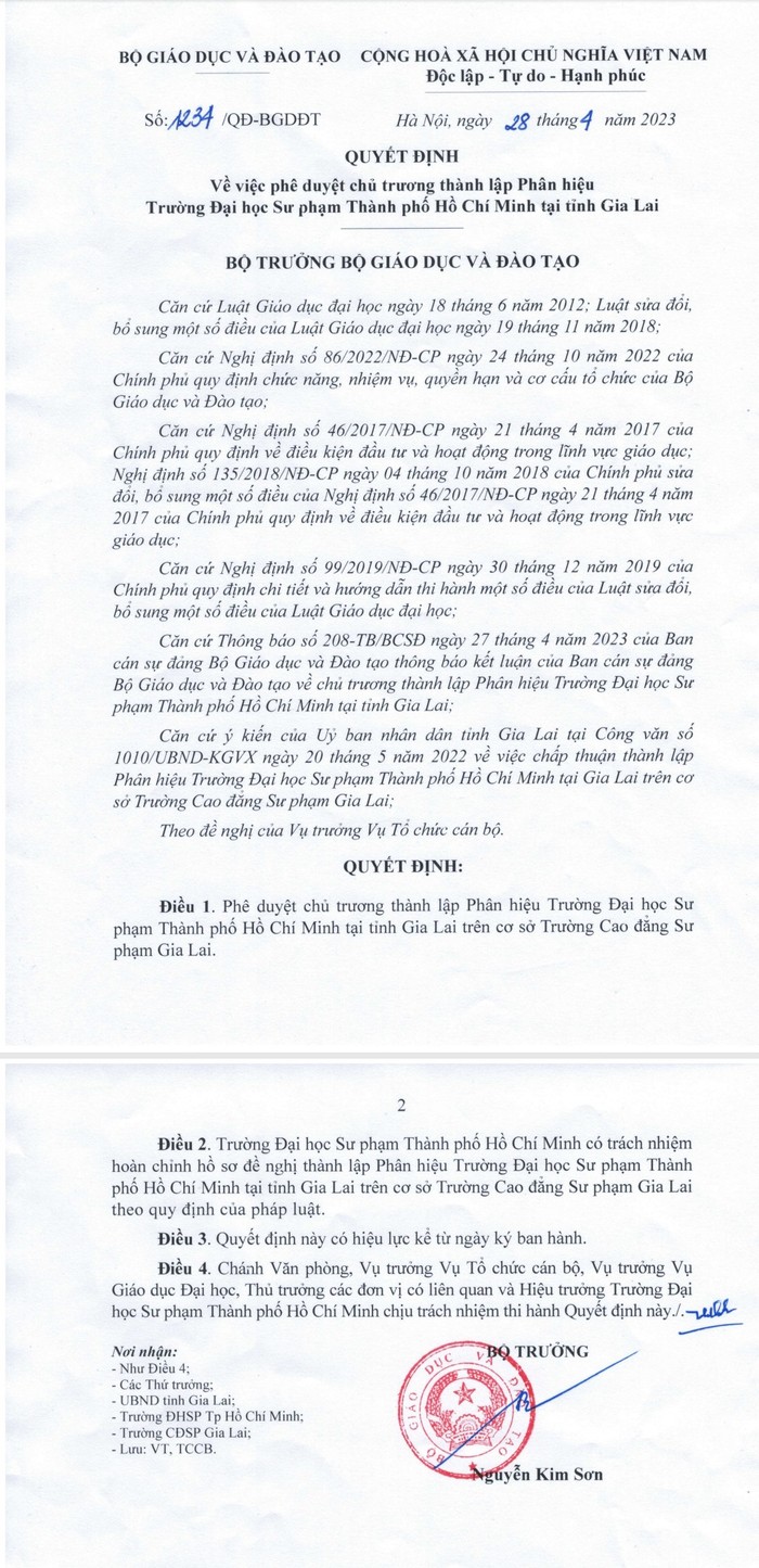 Quyết định phê duyệt chủ trương thành lập Phân hiệu Trường Đại học Sư phạm Thành phố Hồ Chí Minh tại tỉnh Gia Lai.