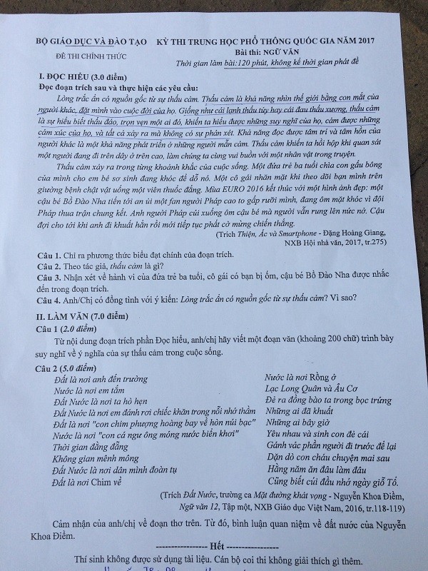 Một mã Đề thi môn Ngữ Văn của kỳ thi trung học phổ thông quốc gia năm 2017. (Ảnh: Ngọc Bích)