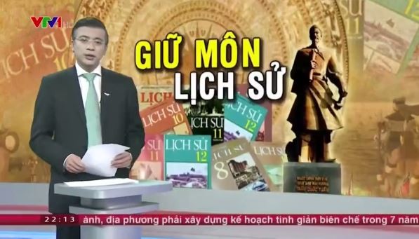 Chủ để tích hợp môn Lịch sử đã trở thành một &quot;cơn bão truyền thông&quot;, Quốc hội cũng phải vào cuộc giữ lại môn Lịch sử. Ảnh chụp màn hình phóng sự của VTV về chủ đề này, phát sóng ngày thứ Sáu, 11/12/2015.