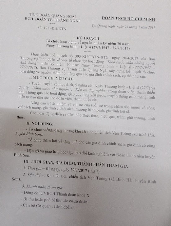 Kế hoạch của Tỉnh Đoàn Quảng Ngãi về tổ chức hoạt động về nguồn nhân kỷ niệm 70 năm Ngày Thương binh - Liệt sĩ (Ảnh: tác giả cung cấp).