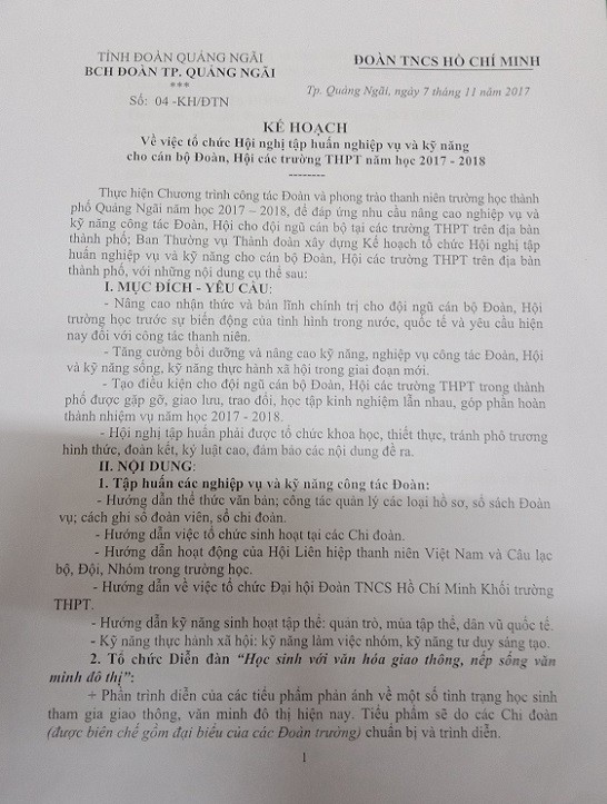 Kế hoạch của Tỉnh Đoàn Quảng Ngãi về việc tổ chức Hội nghị tập huấn nghiệp vụ và kỹ năng cho các cán bộ Đoàn, Hội các trường trung học phổ thông năm học 2017 - 2018 (Ảnh: tác giả cung cấp).