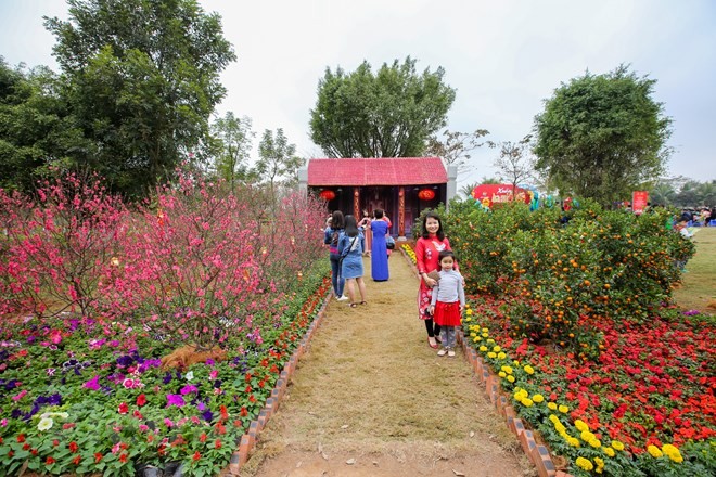 Đúng như tên gọi Xuân ba miền, lễ hội tái hiện lại hoàn hảo không gian truyền thống Tết của ba miền đất nước Bắc -Trung - Nam với đường hoa đào đỏ thắm, hoa mai vàng rực, con đường lồng đèn Hội An, chợ nổi miền Tây… (Ảnh: Minh Sơn/Vietnam+).