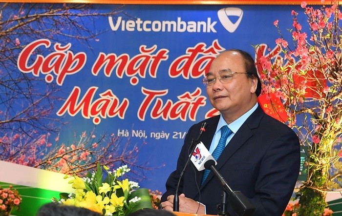 Thủ tướng Nguyễn Xuân Phúc phát biểu chúc Tết tập thể lãnh đạo và cán bộ nhân viên Vietcombank.