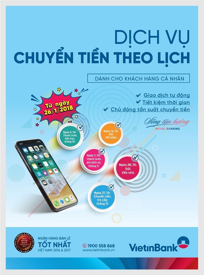 Chuyển tiền tự động theo lịch cùng VietinBank.