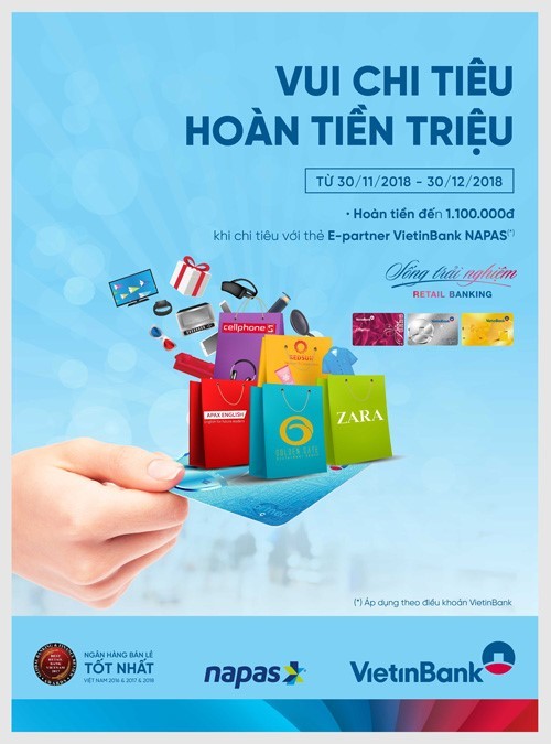 Vui chi tiêu - Hoàn tiền triệu với thẻ E-Partner VietinBank NAPAS.